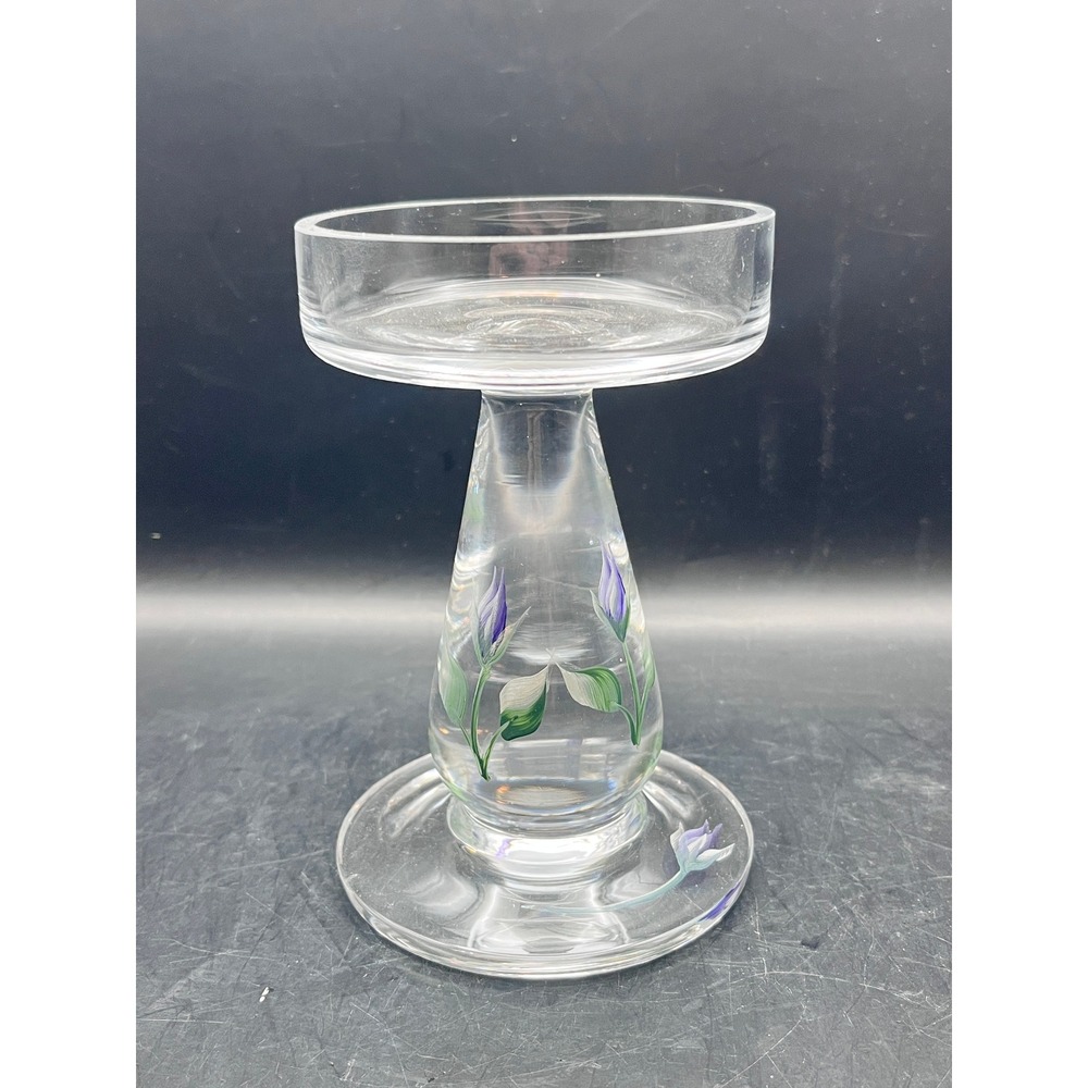Vintage Clear Glass Pillar Candle Holder Pedestal w/ Purple Flowers 5.5" x 4"
